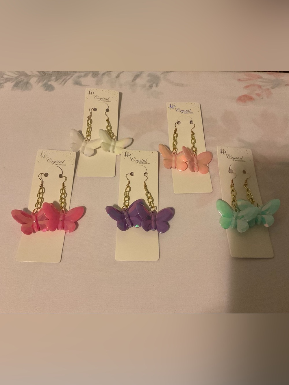 $8pr. Butterfly Dangle Earrings - Purple, Pink, White, Mint